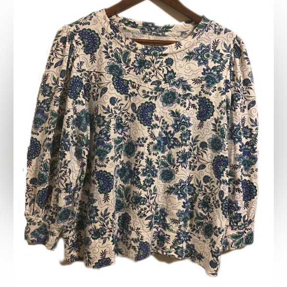 LOFT Cream & Blue Green Floral Garden Party Cotton Blouse | Size Large- EUC - Picture 2 of 5